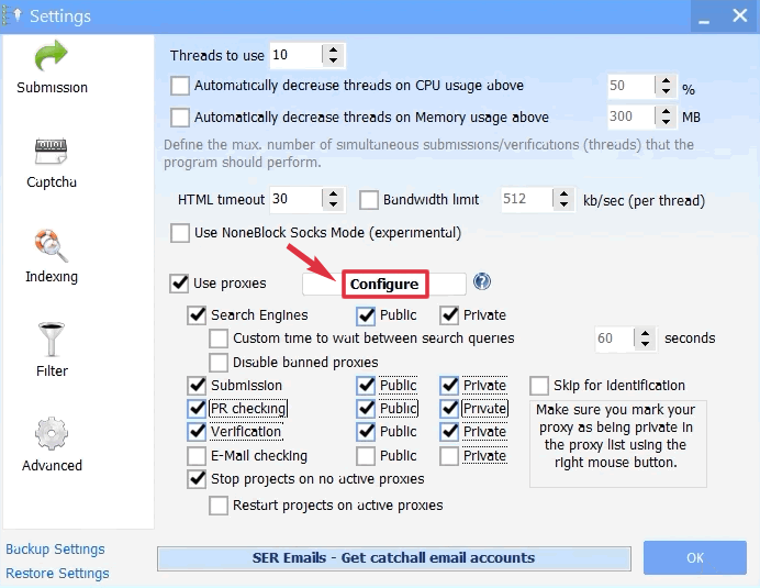 GSA SE Ranker Proxy Settings